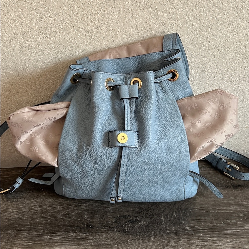 Gold Studded | Drawstring Flap Backpack | Pale Blue - Picture 13 of 17